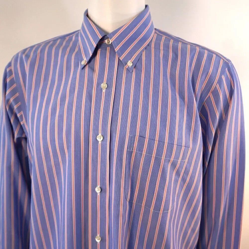 Brooks Brothers Milano Original Polo Shirt Mens Sz 17-33 Blue Striped Non Iron